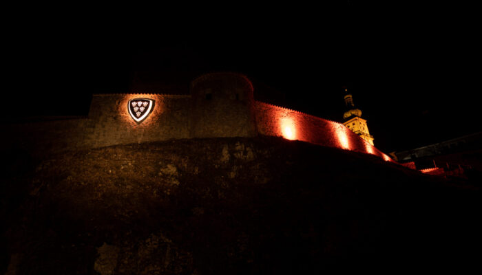 Nachtaufnahme der beleuchteten Stadtmauer mit Sulzbach-Rosenberger Wappen von der Schanze aus.