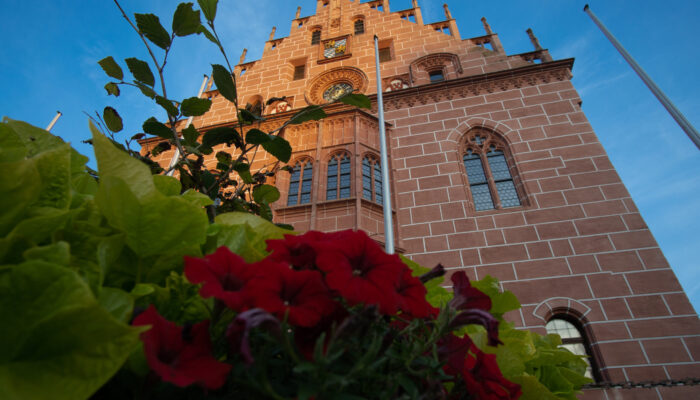 Außenaufnahme des historischen, gotischen Rathauses in Sulzbach-Rosenberg. Beeindruckend ist die Fassade zum Luitpoldplatz hin. Sie ist durch ein Gesims mit gotischen Zierelementen in zwei Zonen geteilt: Eine rechteckige Fläche im Erd- und Obergeschoss und einen Treppengiebel mit durchbrochenen Stufen und aufgesetzten Fialen in den Dachgeschossen. In der Mitte des Obergeschosses ragt ein polygoner saalhoher Erker über einem neugotischen (früher barocken) Portal hervor. Darüber im Giebel ist eine Rosette mit Uhr eingefügt. Links und rechts von der Uhr schließen sich die Wappensteine an, die jeweils das Sulzbacher Wappen zeigen, über der Uhr ist das Pfalz-bayerische Wappen angebracht. Zwei Lisenen führen von hier hinauf zu einem Türmchen mit 2 Glocken.