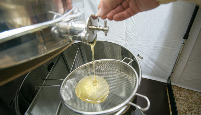 Detailaufnahme eines Metallsiebs beim Sieben des Honigs