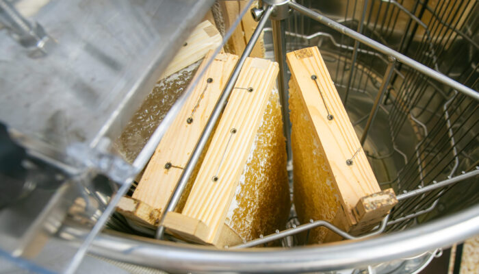 Detailaufnahme der Honigschleuder von oben. Es sind mehrere Wabenrahmen bereits eingespannt.