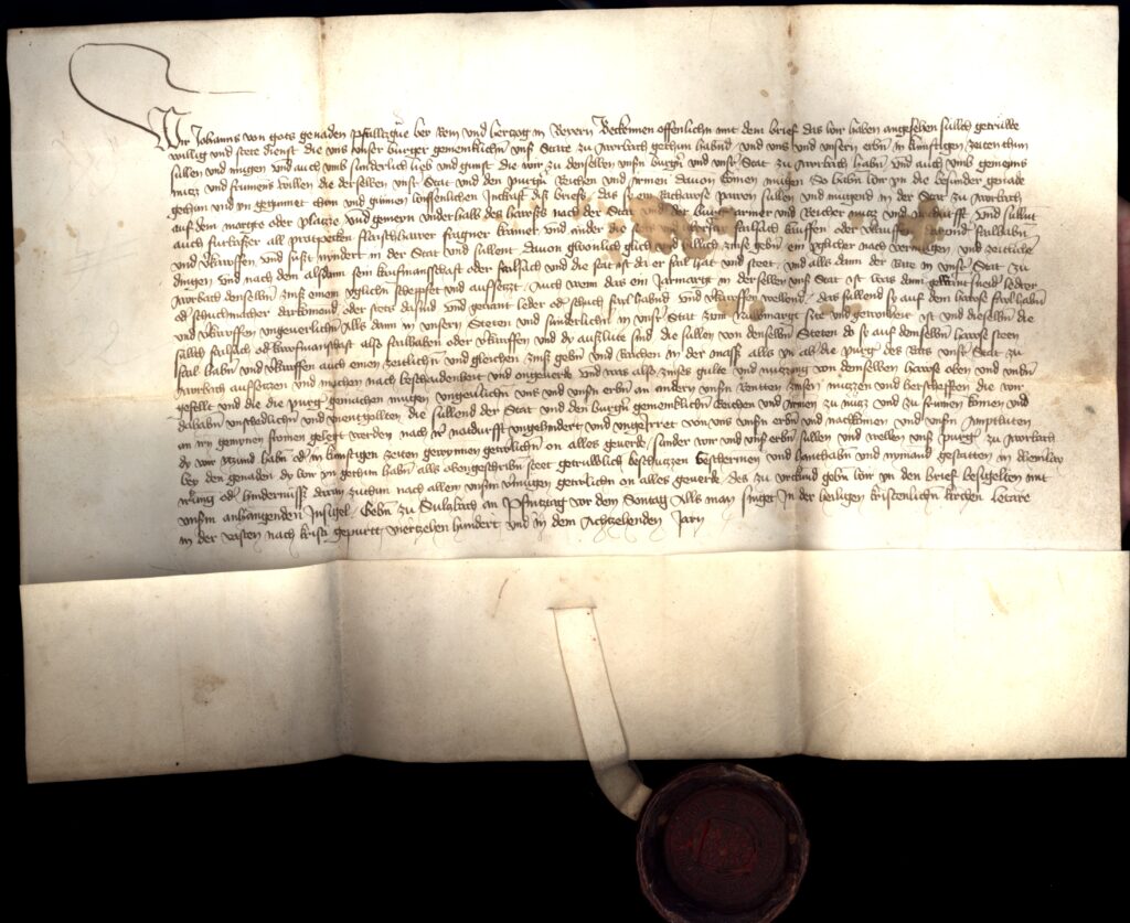 Urkunde aus dem Stadtarchiv Auerbach vom 03. März 1418 Genehmigung zum Bau des Auerbacher Rathauses