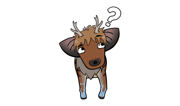 Unser Maskottchen Hias mit einem Fragezeichen über dem Kopf