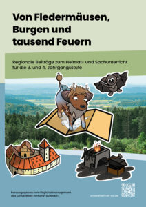 Buchcover des Heimat- und Sachkundebuchs „Von Fledermäusen, Burgen und tausend Feuern“.